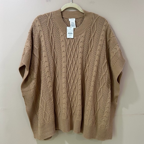 J. Crew Sweaters - J.Crew Womens Camel Brown Fisherman Cable Knit Cape Poncho Pullover Sweater OZ